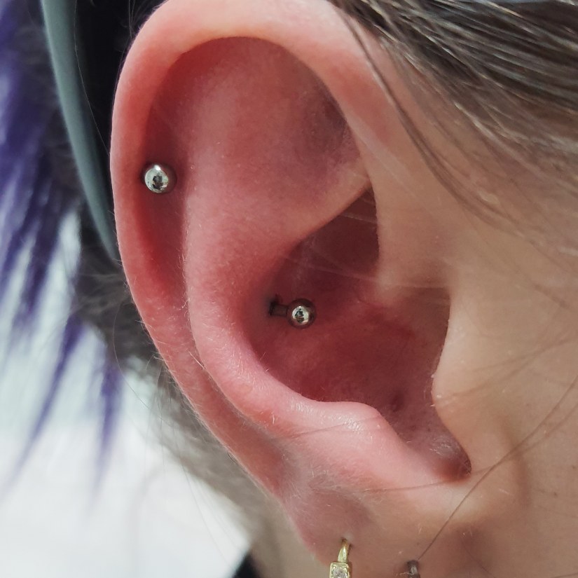 Conch oin Helix piercing vstavljen v Puer Aeternus studiu v Sežani